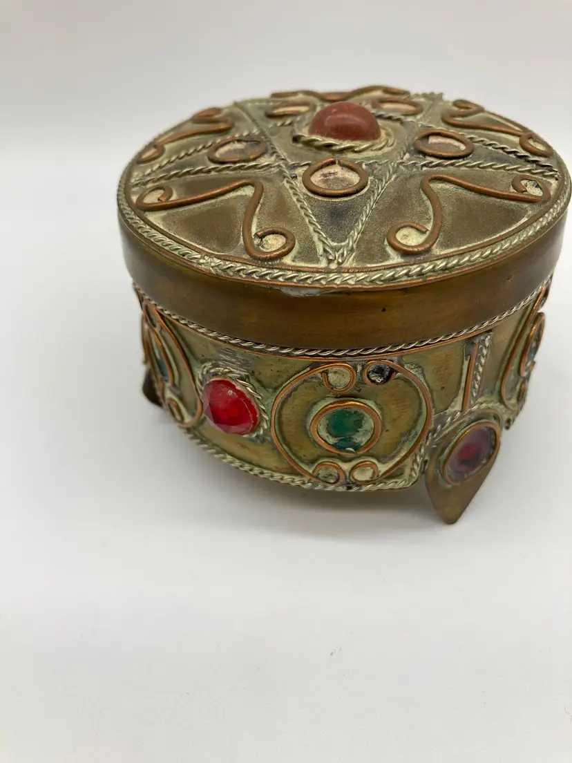 Round metal Trinket box with stones