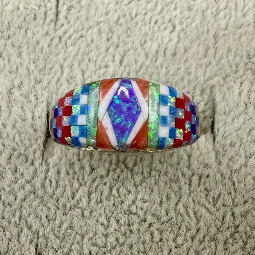 Signed CJ Ring Size 6 Opal Inlay Sterling Silver Native American Artist