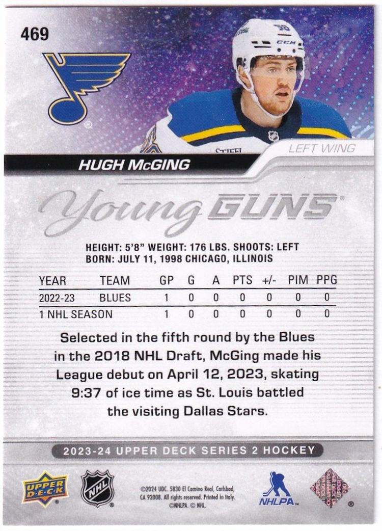 2023-24 Upper Deck #469 Hugh McGing YG RC St Louis Blues Hockey Card