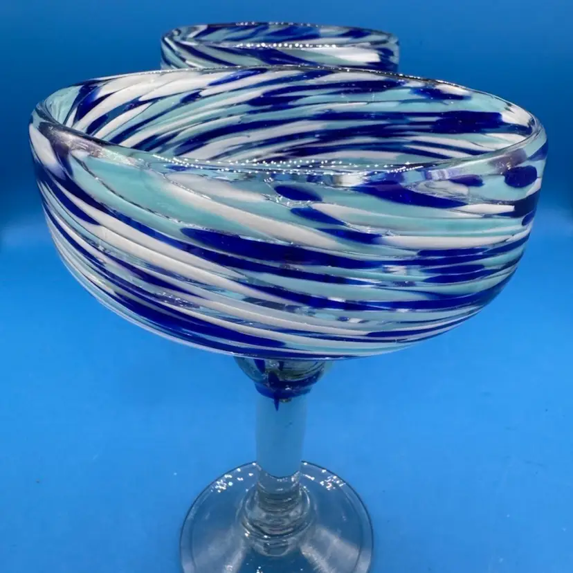 2 Mexican Hand Blown Swirled Glass Margarita Glasses