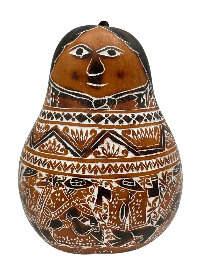Signed Julio Seguil Peruvian Peru Gourd Art Hand Carved Figural Animals Music