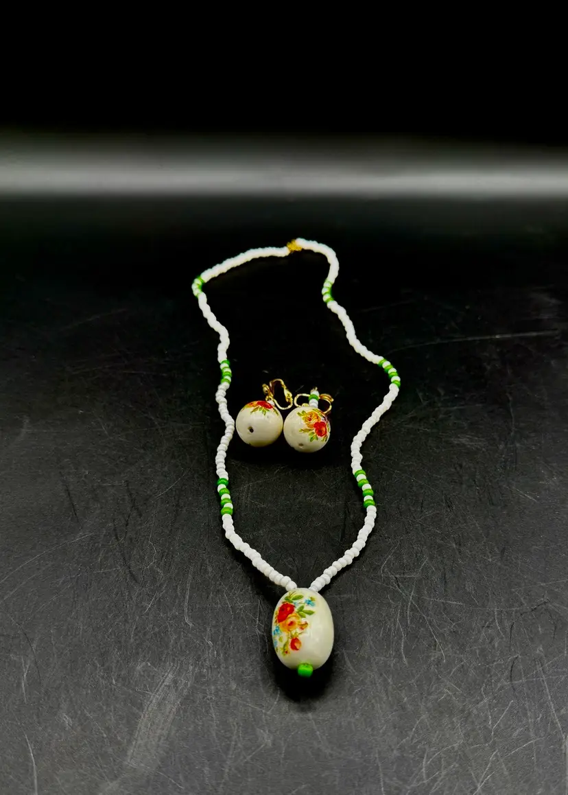 Floral White & Green Glass Bead Necklace And Clasp On Earrings Set