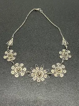 Spun Sterling Silver Floral Filigree Chocker Necklace 15” 12.56 Grams Vintage