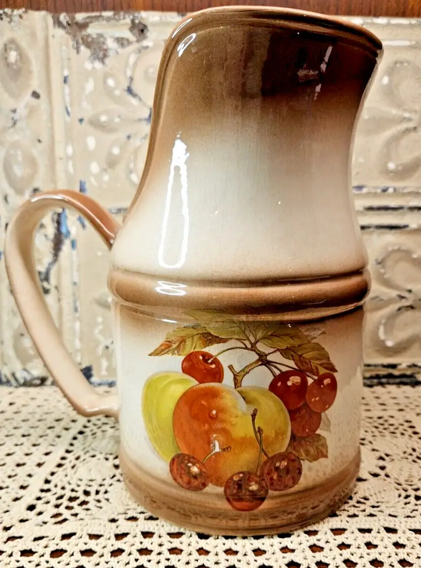 Large Wide Mouth Hand Painted Pottery Pitcher Fruit Still Life Brown Drip Glaze