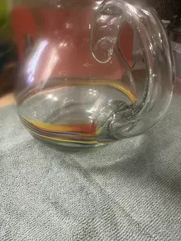 9” Handblown Clear Glass Pitcher Orange Blue Yellow Red Ribbons Artisan "Marble"