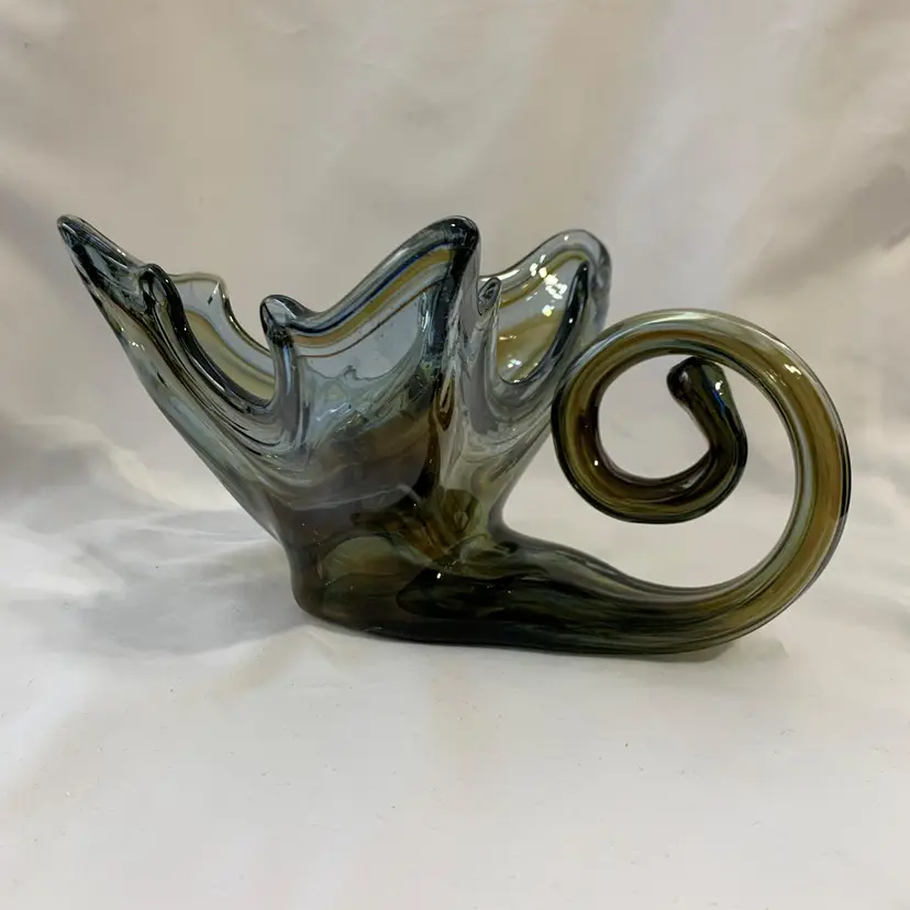 Sooner Art Glass Green Bowl Swirl Cornucopia Coil Dish Hand Blown Snail 70s Vintage