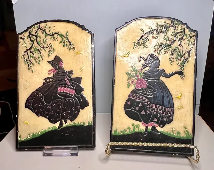 Pair Vintage Chalkware Silhouette Bas-relief Plaques Girls  Springtime