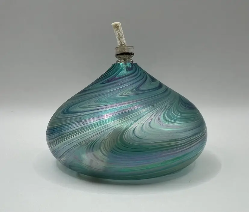 Hand Blown Art Glass Oil Candle Lamp Round Iridescent Sphere