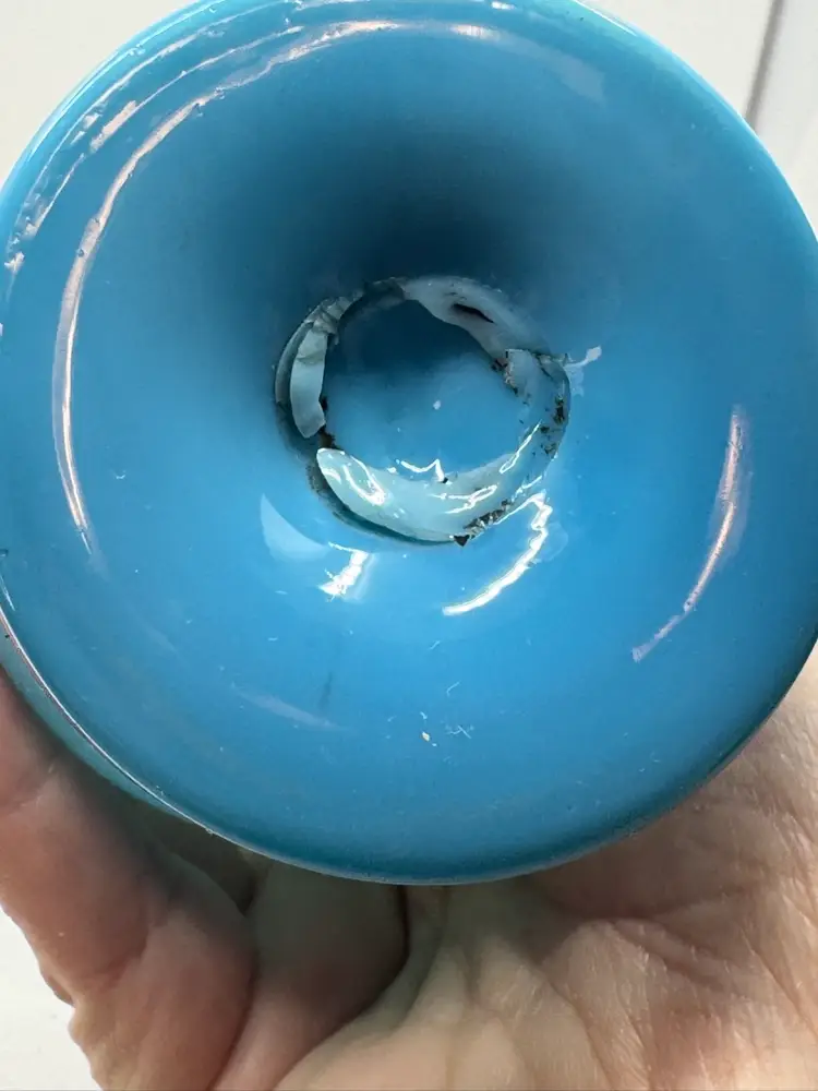 Hand-painted blue opaline glass vase with ruffled rim, Possibly Antique, 8”