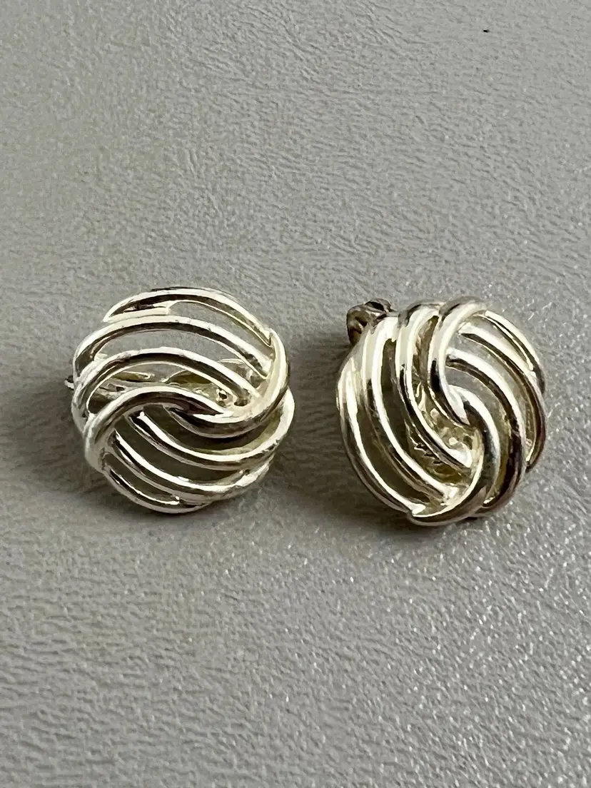 Vintage Monet Silver Tone Swirl Knot Clip On Earrings Signed Designer Jewelry