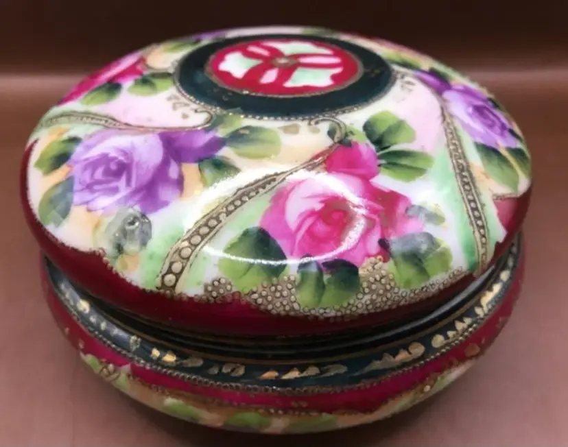 Antique Nippon Style Powder Box with Lid Moriage & Rose Hand Painted