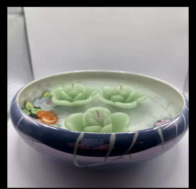 VTG Hand Painted Floral Blue Lustre Floating Candle Bowl~Japan w/3 Floating Flower Candles