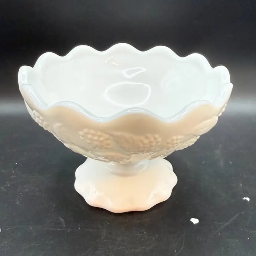 Fostoria Milk Glass Raised Berry and Leaf Footed Candy Dish