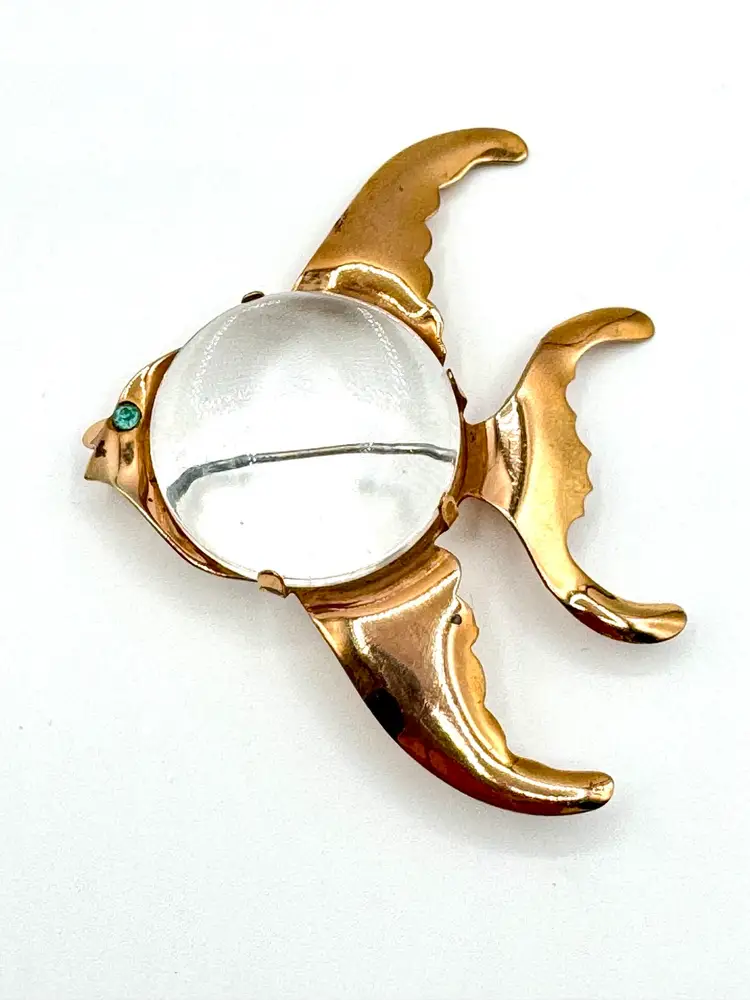 Vintage 1940’s Jelly Belly Angel Fish Brooch Pin Gold Tone Blue Rhinestone Eye
