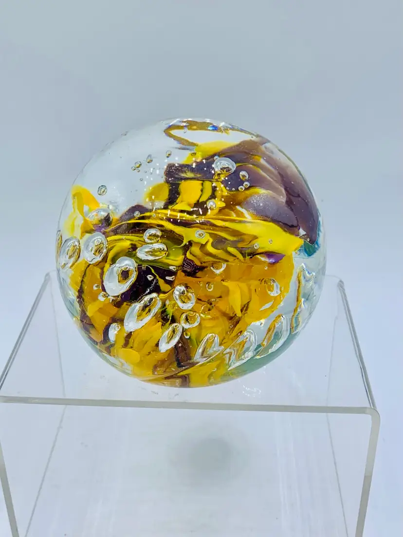 Vintage Handmade Experimental Glass Paperweight, Gold And Brown With Bubbles. Irregular Surface Lines