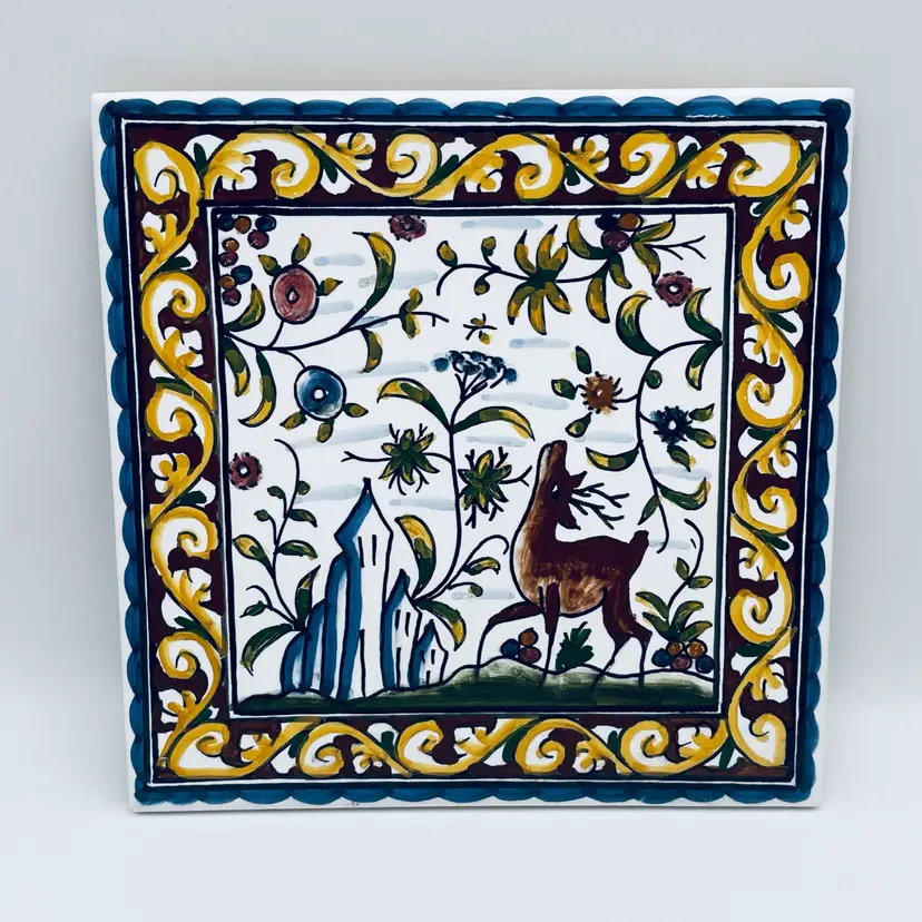 Hand Painted, Ceramic Tile/Trivet, Azupal, Stag, Made in Portugal, 6” x 6”