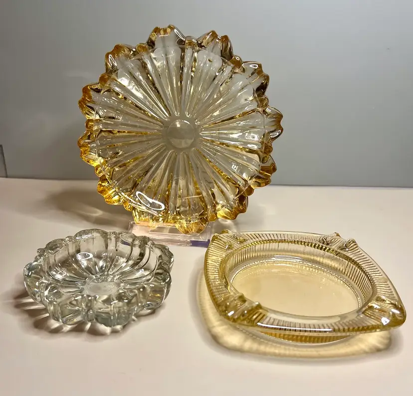 Three Vintage Amber Carnival Glass Hazel Atlas Glass Ashtrays