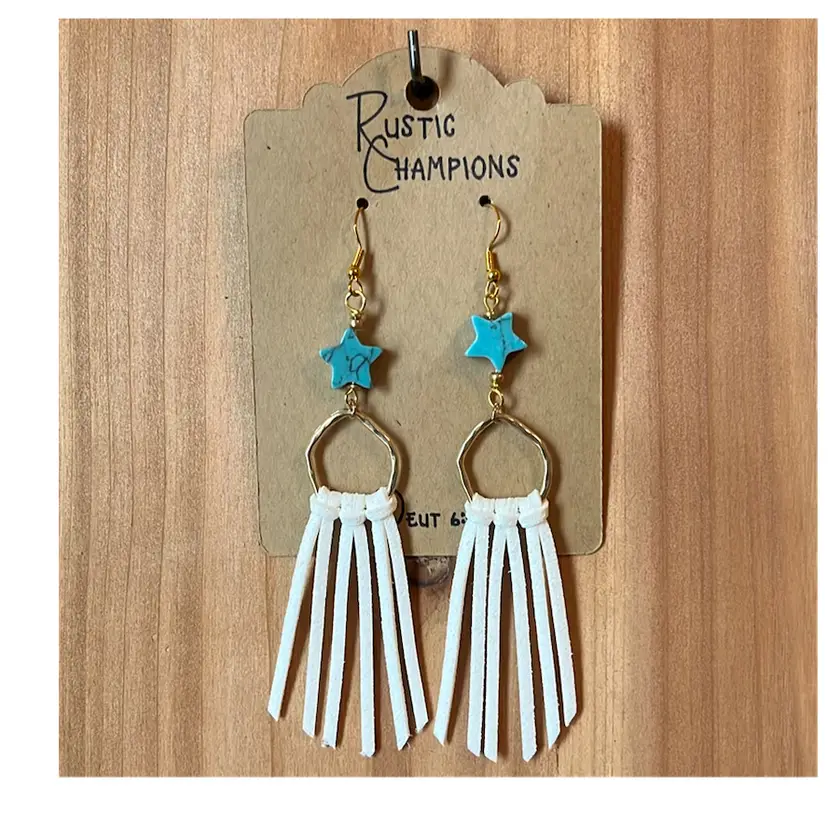 White Faux Suede And Star Turquoise YG Tassel Earrings