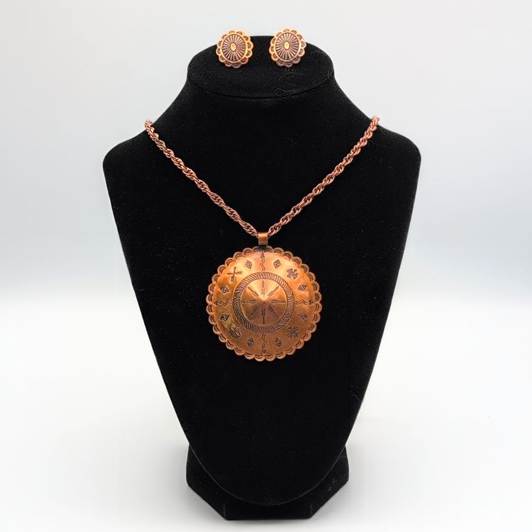 Vintage Bell Trading Post Copper Tribal Southwestern Necklace & Clip on Earrings