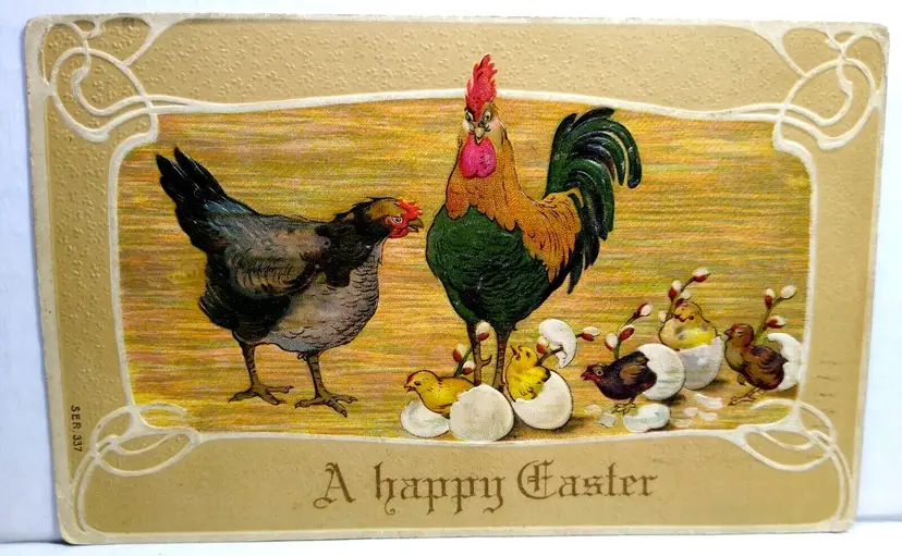 Easter Postcard Rooster Hen Cracked Eggs Baby Chicks Embossed 1909 Germany 337