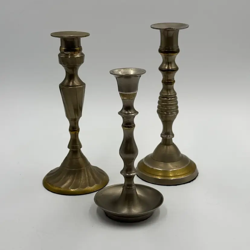 Brass Vintage Beehive & Baluster Taper Candle Holders Set Of Three Mantle Decor