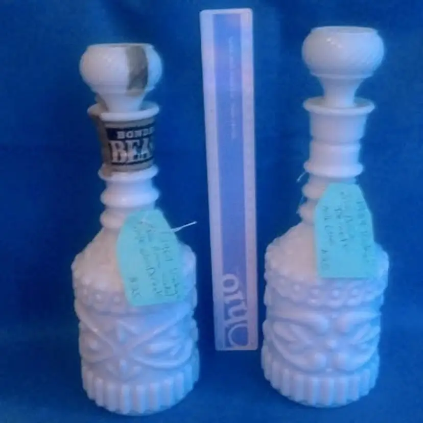 Vintage 1969 Jim Beam Milk Glass Whiskey Decanter with Label.   $25