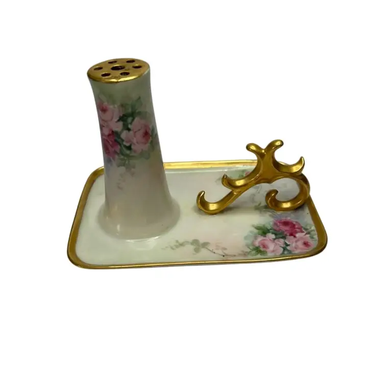 Unmarked Hand painted Hat Pin Holder On Tray With Ring Holder Porcelain 7 Hole Possibly Limoges @ 4x5 1/2x 4