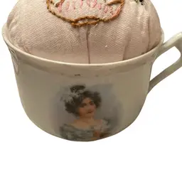 Tea Cup With Victorian Woman Painted On It Made Into A Hat Pin Holder