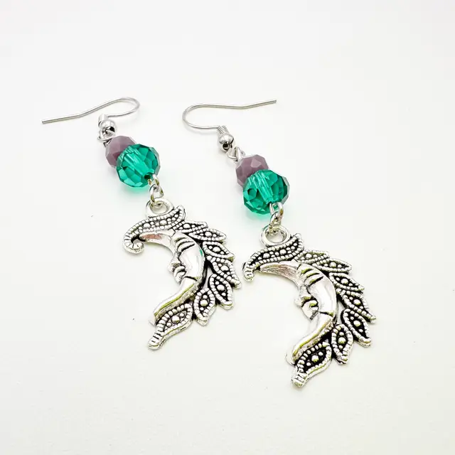 Man in Moon Celestial Dangle Charm Earrings Green Purple Bead Accents Silver Tone 2.5