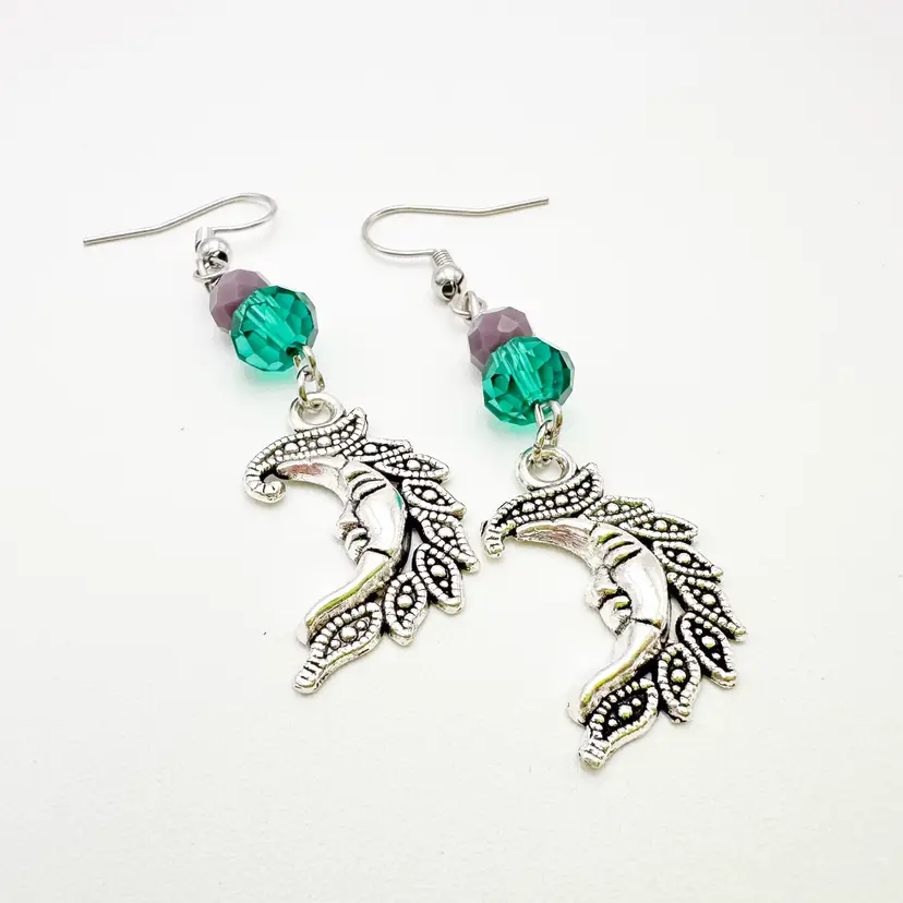 Man in Moon Dangle Charm Earrings Green Purple Bead Accents Silver Tone 2.5" Handmade