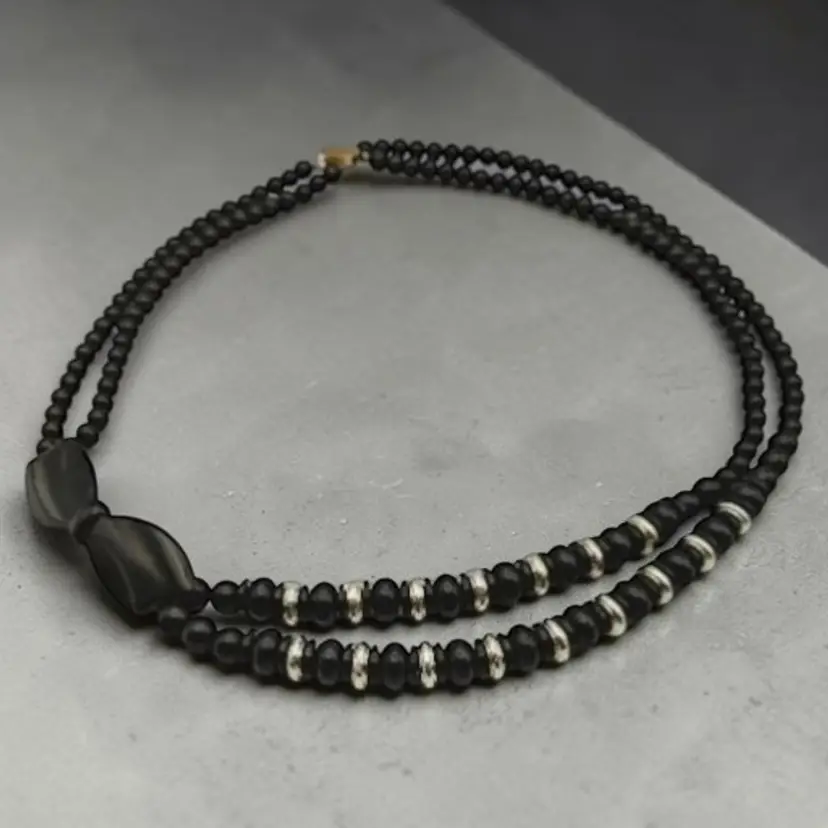 Vtg Black Faux Pearl Beads Gold Accents Large Black Bow Double Strand Necklace