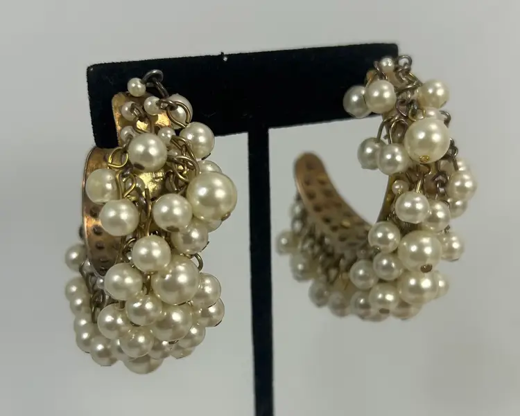 Vintage Dangle White Bead Hoop Style Post Style Earrings