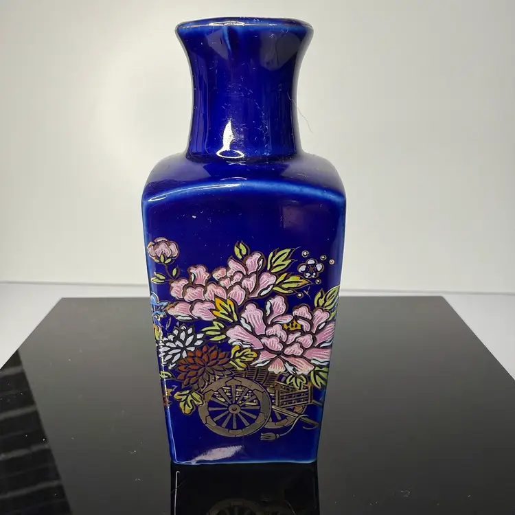 Vintage Japanese Cobalt Blue Porcelain Floral Bud Vase 3.5”