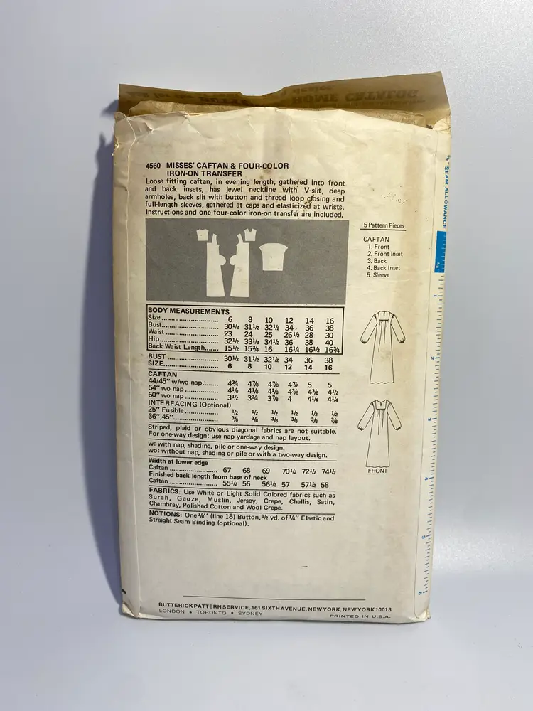 Vintage Butterick Sewing Pattern 4560 Size 14 Misses Caftan and Four Color Iron-on Transfer