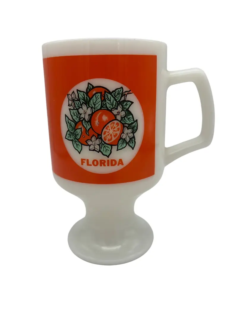 Vintage Florida Pedestal Mug 5.5" Tall White Milk Glass Orange Citrus Graphics