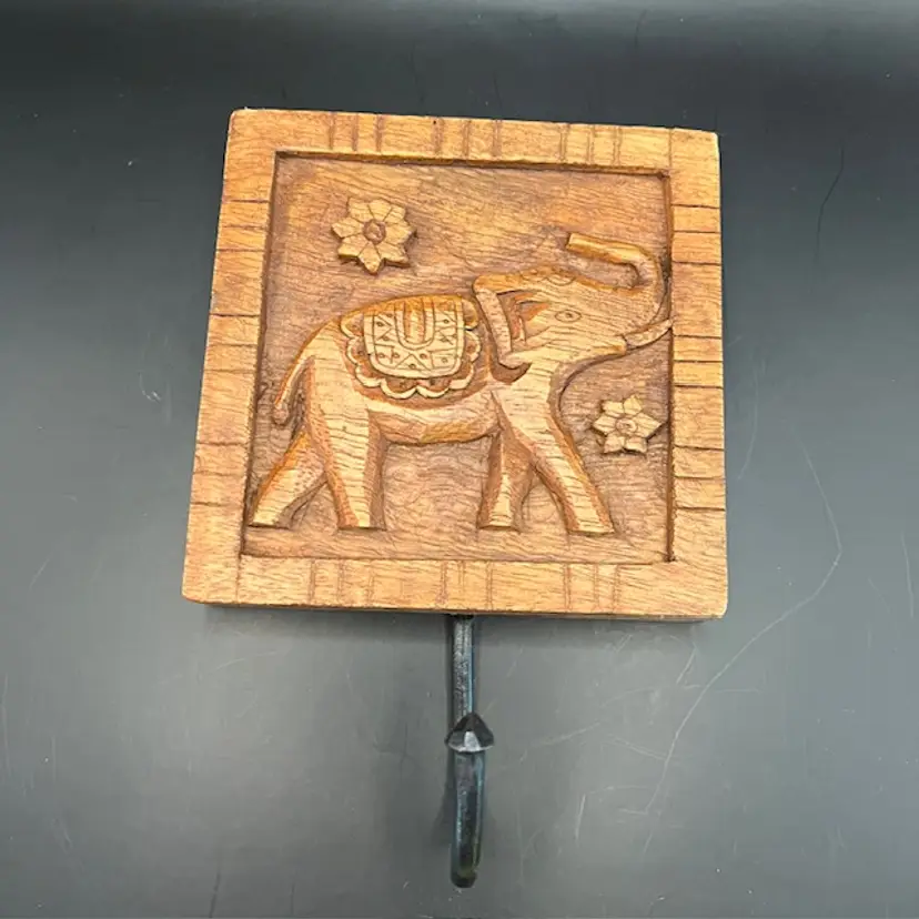 Carved Wood Elephant with Cast Iron Hook 5" x 5"