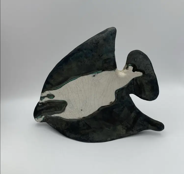 Raku Fired Pottery, Angel Fish, Black Iridescent with White Crackle Glaze and Green Accent, 7.5” Long. Beautiful Piece!