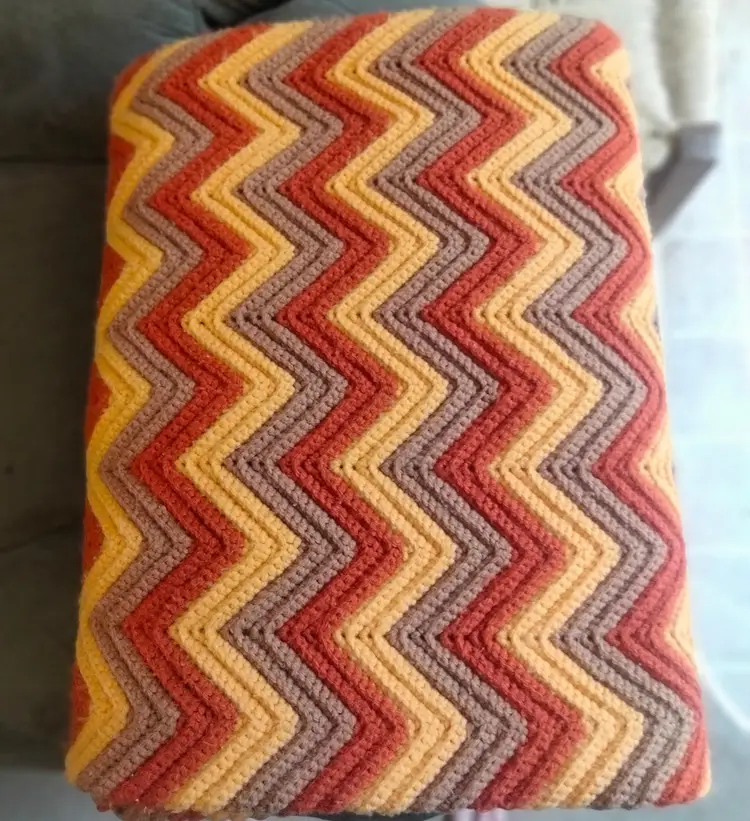 Vtg Chevron Crochet Afghan. Brown/Orange/Yellow
66 1/2" X 39 1/2"