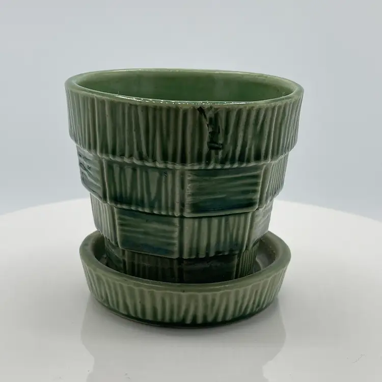 Vintage McCoy Small Green Basketweave Planter 3" Tall w/Attached Saucer