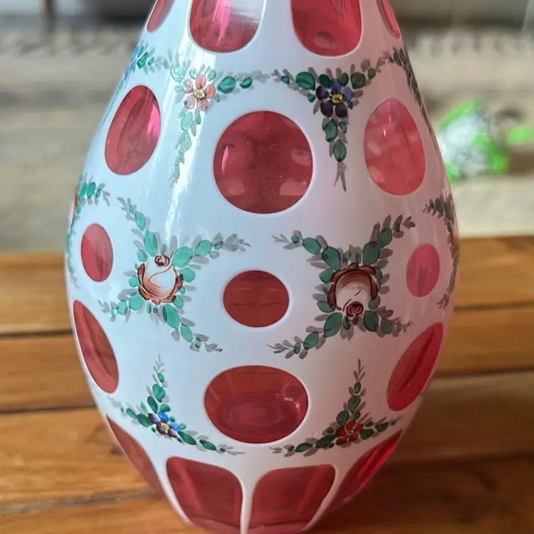 ANTIQUE (early 1900s) Bohemian Czech White Cut To Cranberry Glass Painted Floral Heavy Vase Ruffled