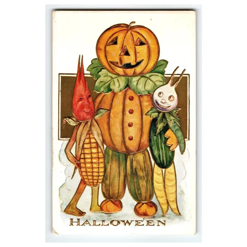 #01 Halloween Postcard Goblin JOL Man Beet Heads Turnip Anthropomorphic Fantasy 1910