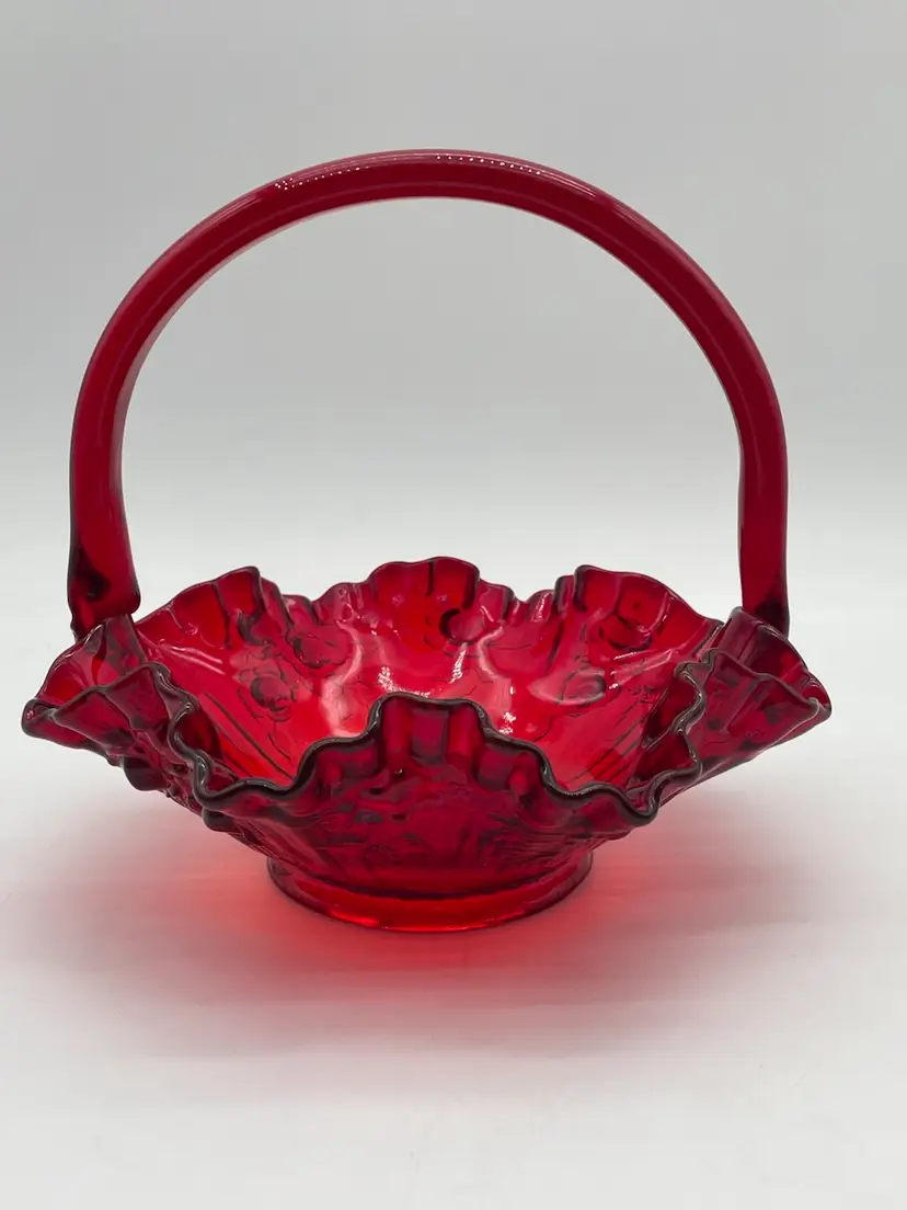 A-Fenton Ruby Red Glass Cabbage Rose Basket