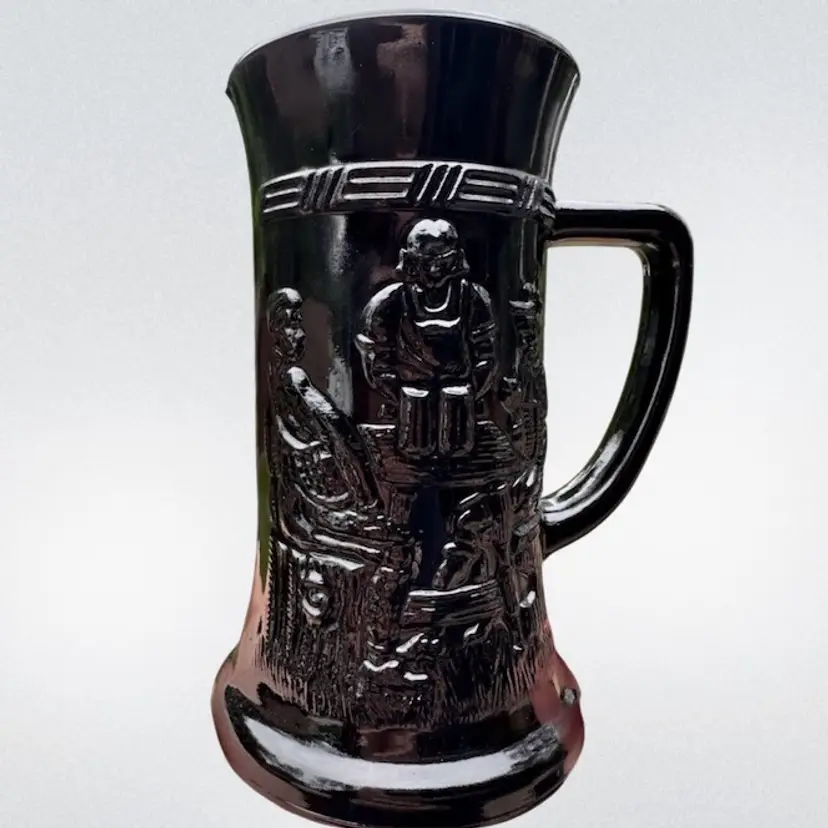 Black Mug Tiara Indiana Milk Glass Stein Beer Drinking Vintage Tavern Scene 6”