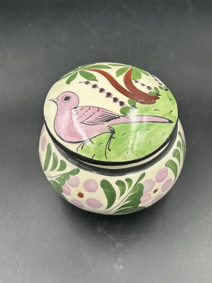 Vintage Mexican Folk Art Pottery, Trinket Jewelry Box With Pink Bird Design