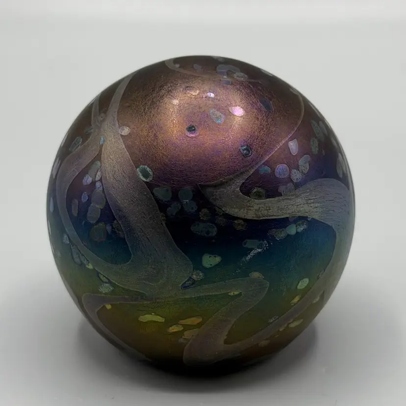 Mdina Iridescent Paperweight Swirl Blue Luster Oil Slick Amethyst Purple