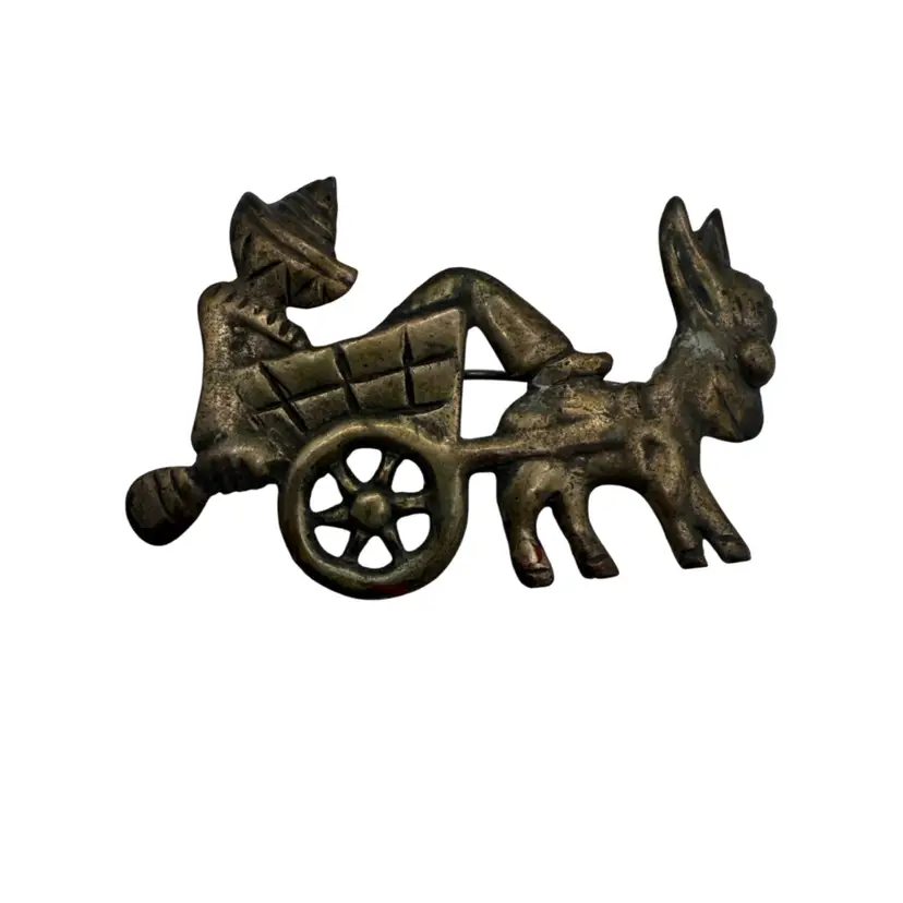 Vintage Early Mexican Sterling Silver Brooch Donkey/Burro Pulling Cart With Man