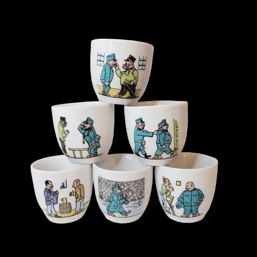 Vtg Czech Set of 6 Rare Hand Painted Porcelain Egg Cups With Good Soldier