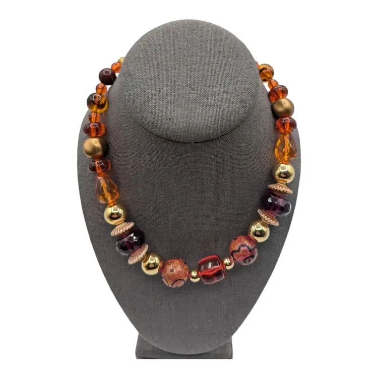 Vintage Beaded Necklace with Amber and Gold Tones