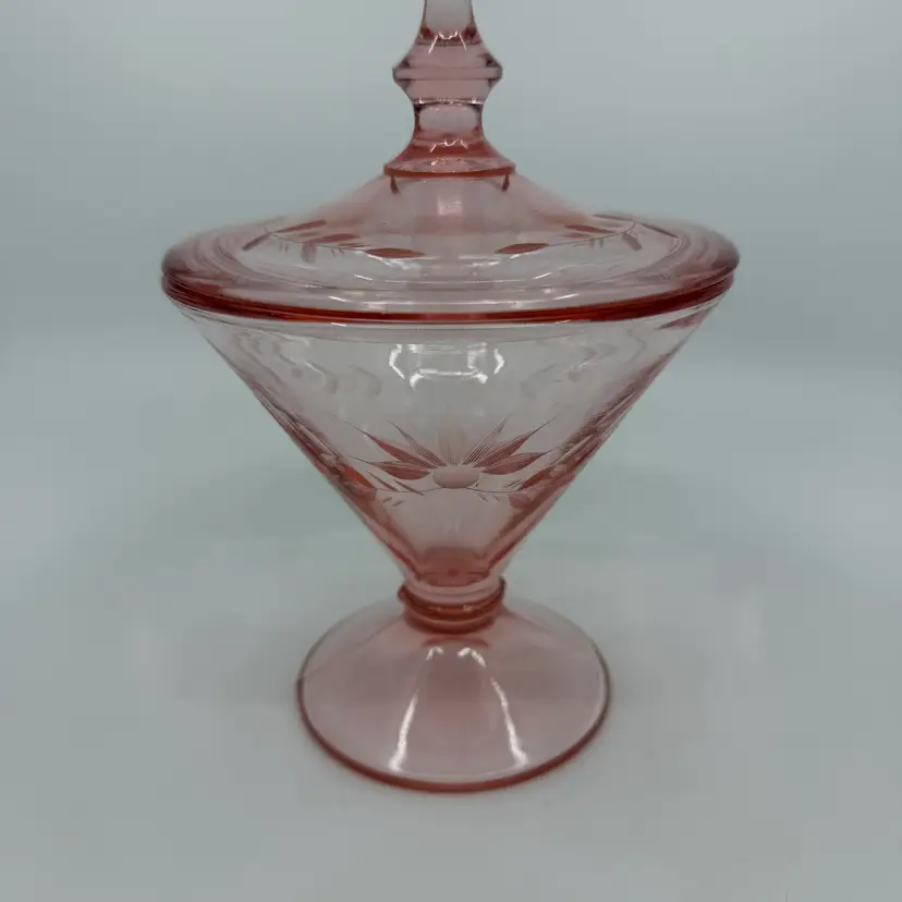 Vintage Lancaster Glass Pink Depression Etched Lidded Candy Dish GLOWS