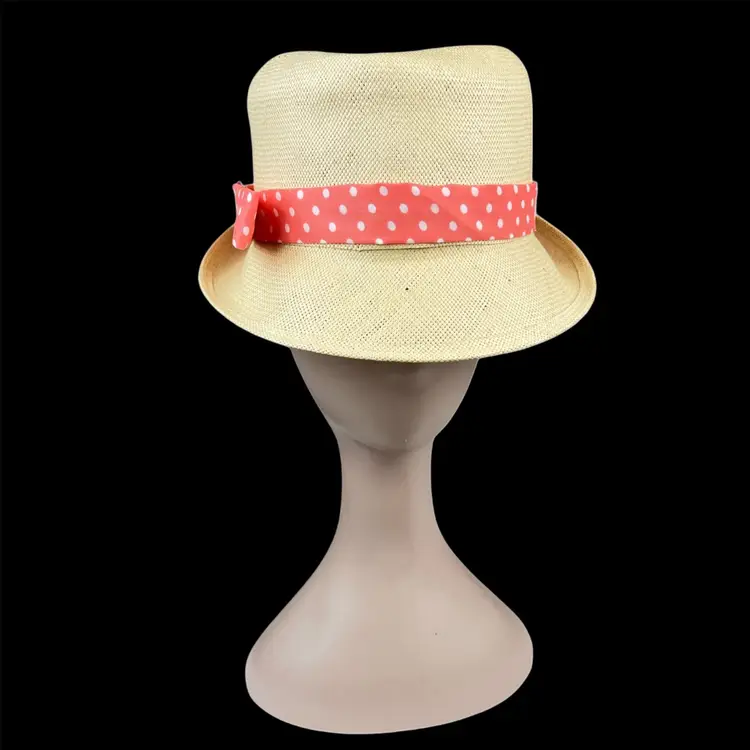Vintage Natural Straw Fedora Hat Coral White Polka Dot Band 60s Union Made OS